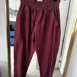 Maternity Smocked Waist Linen Burgundy Pants